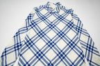 Burberry plaid shirt close-up: point collar, button placket, blue-and-cream checks