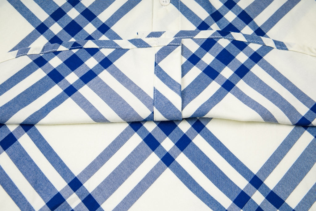 Burberry plaid shirt front view close-up: button placket and collar, blue-and-cream
