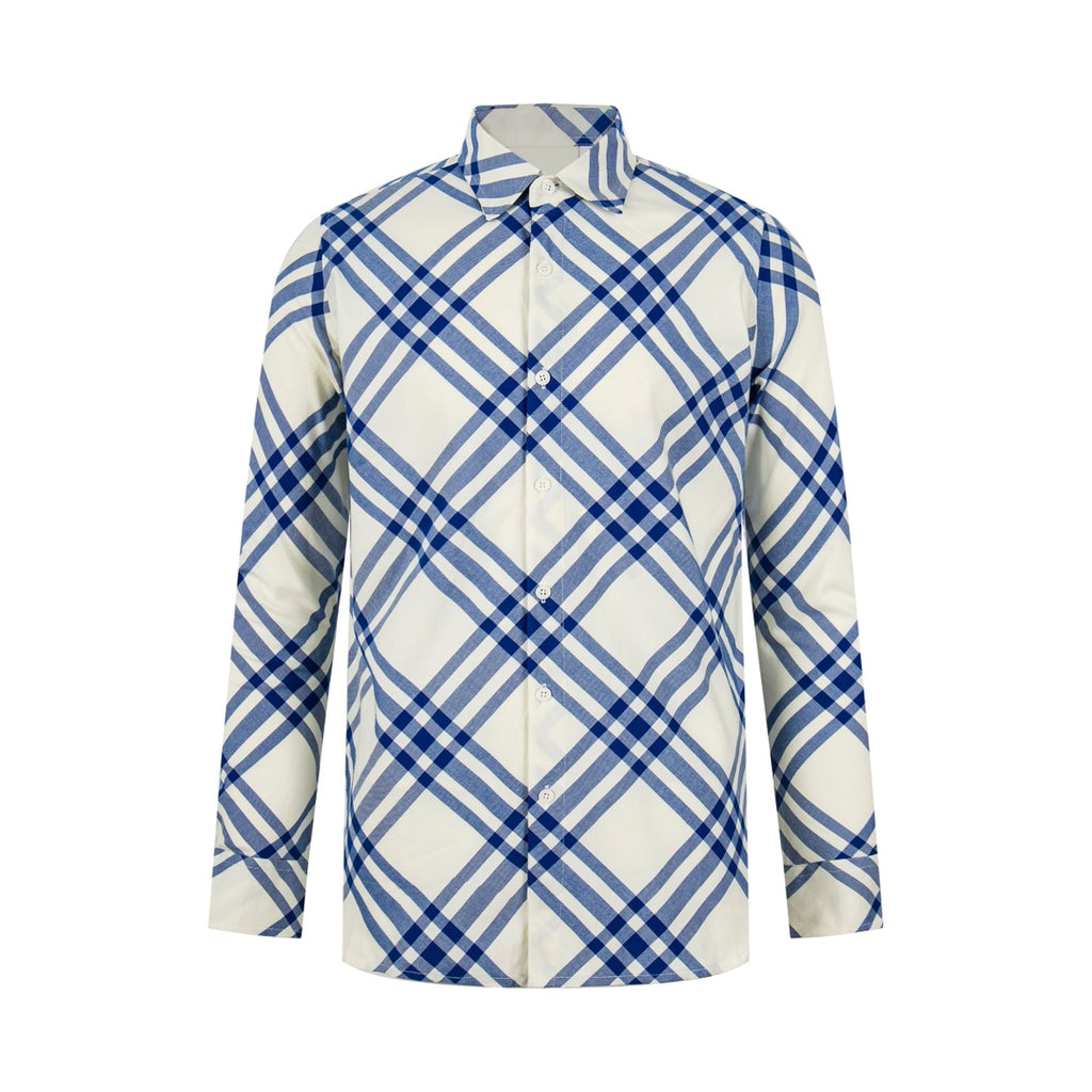 Burberry long-sleeve plaid shirt with button-front and pointed collar, blue-and-cream