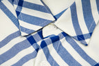 Burberry plaid shirt chest close-up with button placket and textured fabric, blue-and-cream