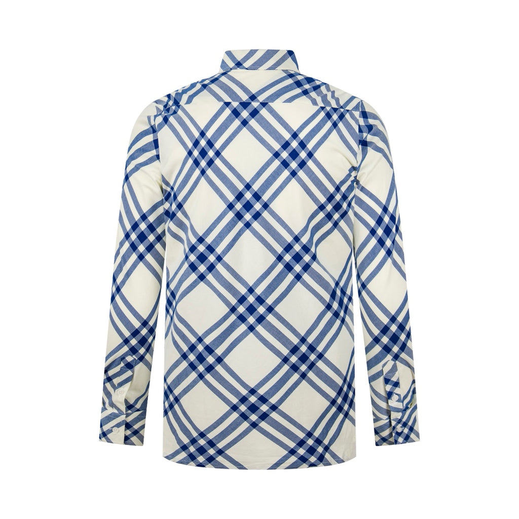 Burberry long-sleeve plaid shirt with rear yoke and buttoned collar, blue-and-cream