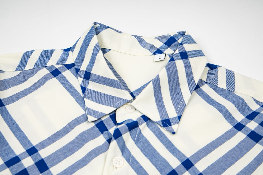 Burberry plaid dress shirt collar with button placket, blue-and-cream check pattern