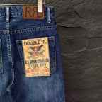 Blue denim jeans with RRL patch and Double RL pocket label.