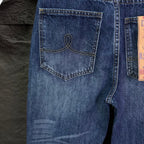 Blue denim jeans close-up of back pocket with curved stitch detail
