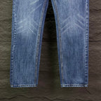 Blue denim jeans with straight legs and light whiskering on thighs.