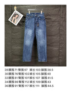 Blue denim jeans on hanger, straight leg with front pockets and belt loops