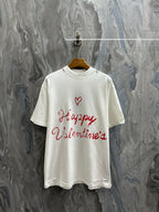 White short-sleeve T-shirt with red “Happy Valentine’s” graphic on front