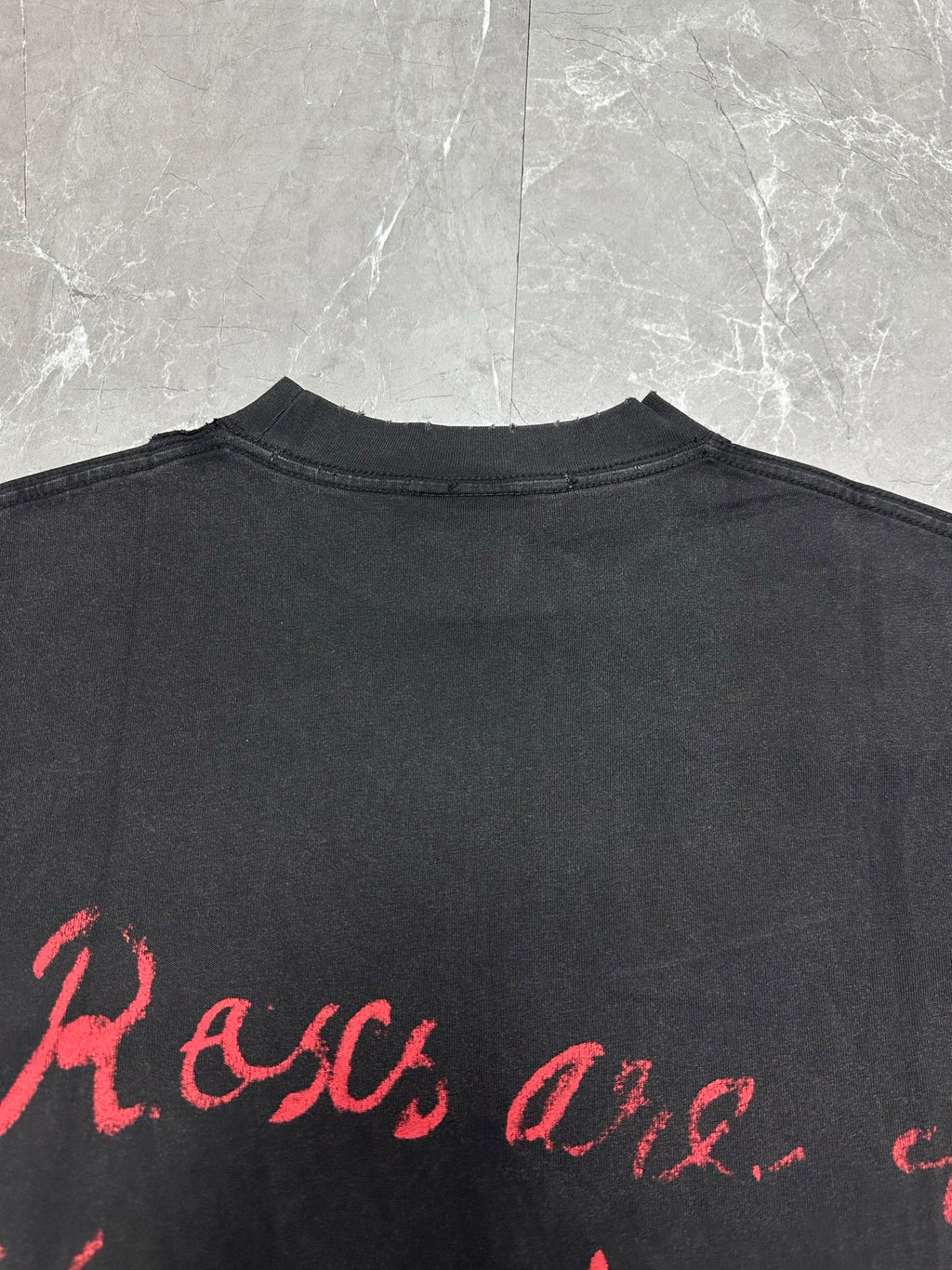 Dark gray short-sleeve T-shirt, back yoke and red script lettering