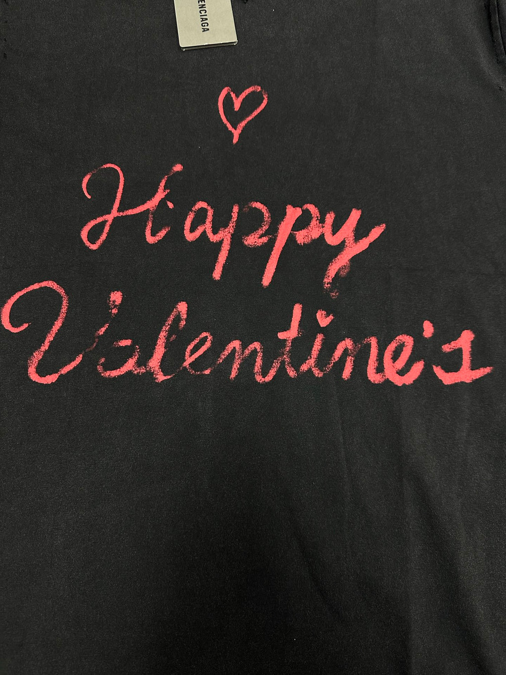 Dark gray short-sleeve T-shirt, red “Happy Valentine’s” script graphic