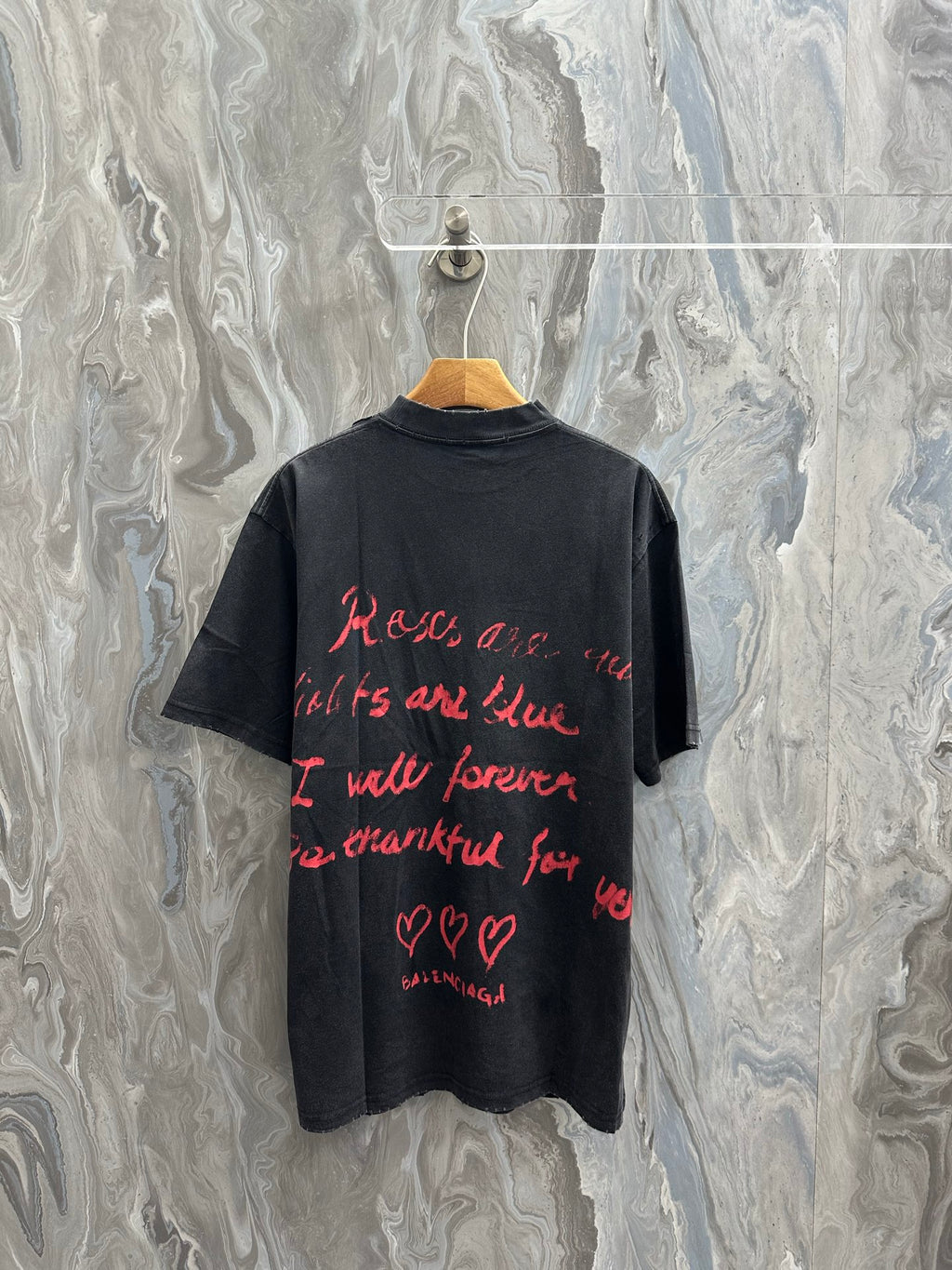 Balenciaga short-sleeve T-shirt, dark gray, red back text with hearts and “Balenciaga”