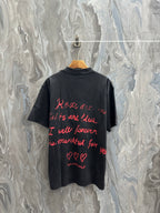 Balenciaga short-sleeve T-shirt, dark gray, red back text with hearts and “Balenciaga”