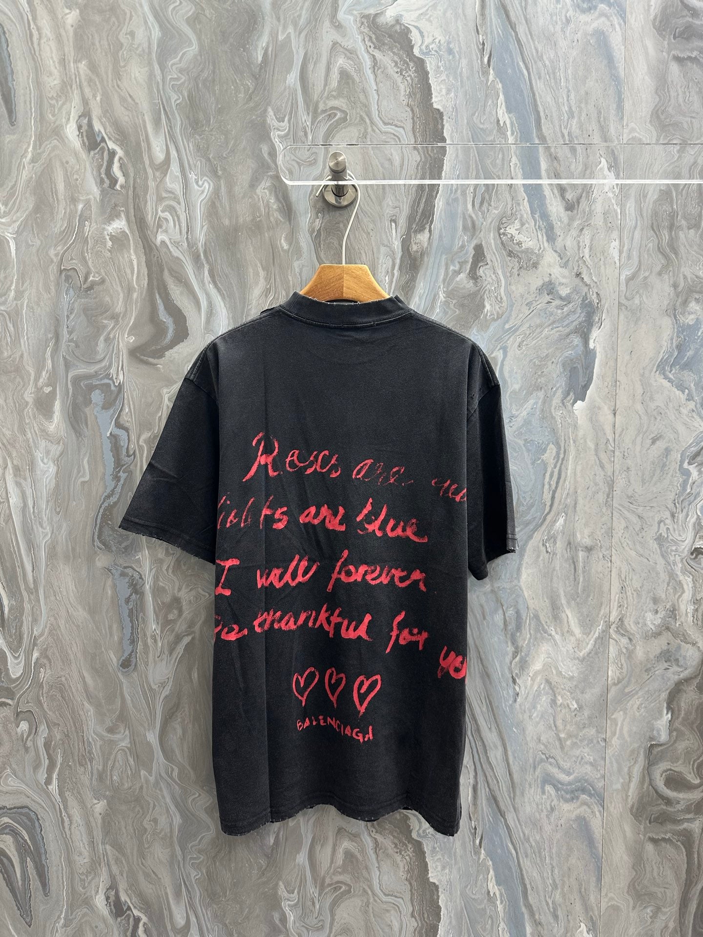 Balenciaga short-sleeve T-shirt, dark gray, red back text with hearts and “Balenciaga”