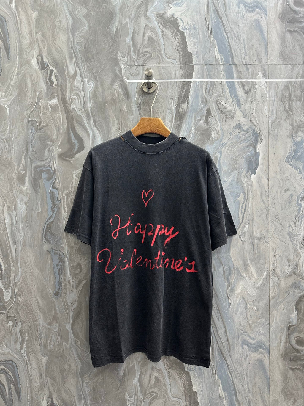 Balenciaga short-sleeve T-shirt, dark gray, red “Happy Valentine’s” lettering