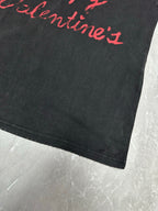 Dark gray short-sleeve T-shirt, partial red script lettering and straight hem