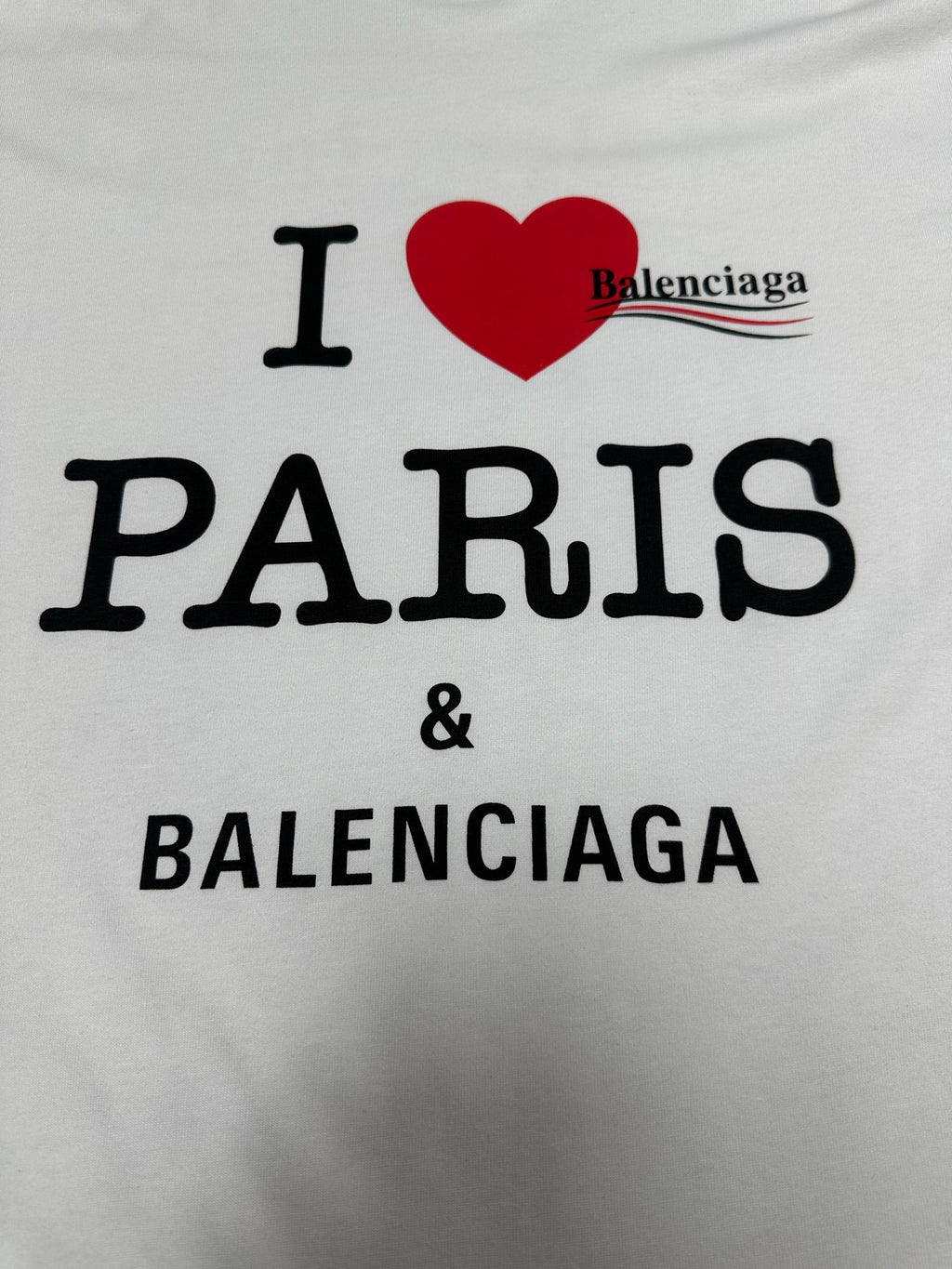 Balenciaga white short-sleeve T-shirt with I heart PARIS text and BALENCIAGA logo