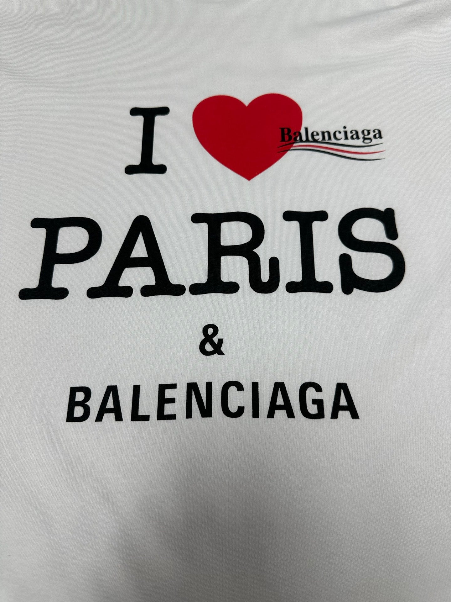 Balenciaga white short-sleeve T-shirt with I heart PARIS text and BALENCIAGA logo