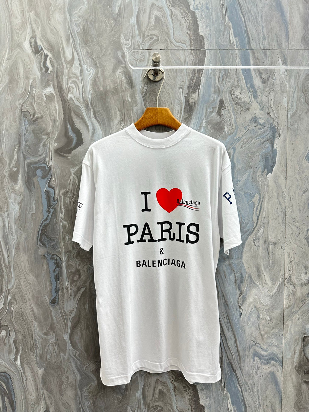 Balenciaga white short-sleeve T-shirt with I heart PARIS and BALENCIAGA print