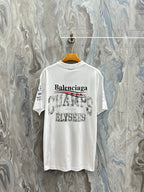 Balenciaga white short-sleeve T-shirt back with Balenciaga wordmark and distressed text