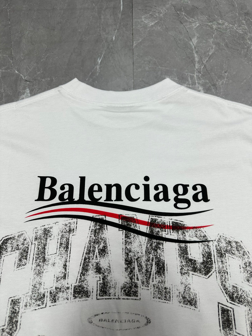 Balenciaga white short-sleeve T-shirt back with Balenciaga script and city-style print