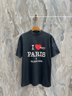 Black short-sleeve T-shirt with 'I ♥ Paris' and Balenciaga lettering.