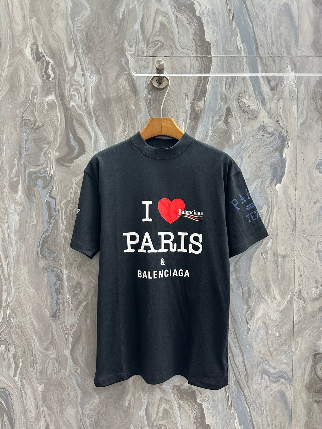 Balenciaga short-sleeve T-shirt, black, “I Heart Paris” graphic front