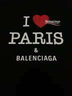 Black short-sleeve T-shirt with white 'I ♥ PARIS' print and Balenciaga logo.