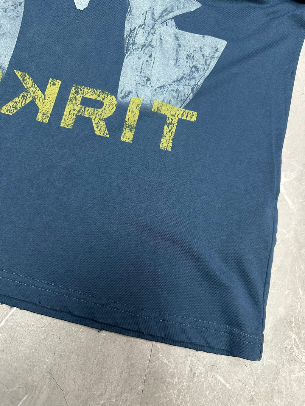 Blue T-shirt front close-up showing PPYRIT yellow lettering and portrait print