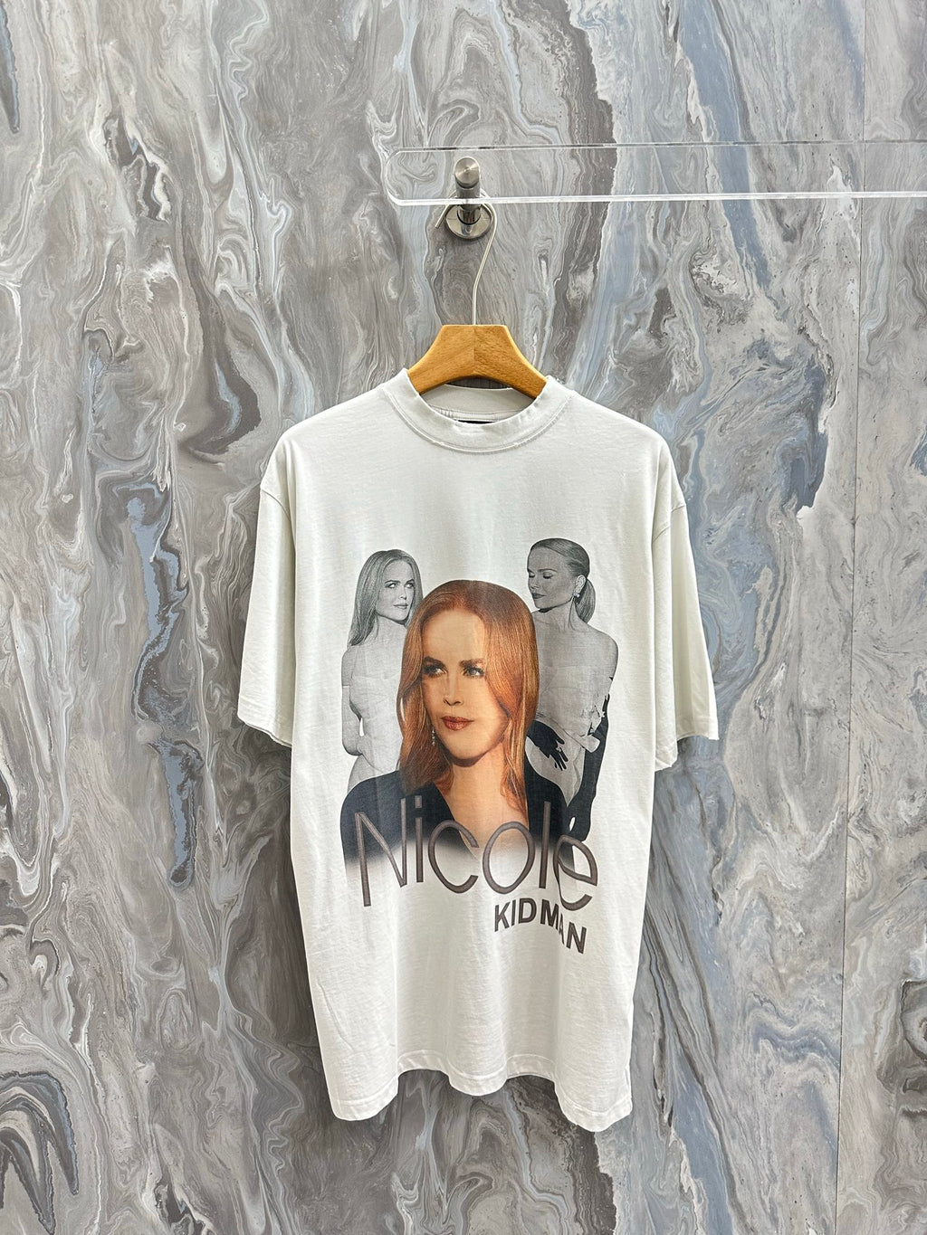 White graphic T-shirt with Nicole Kidman front print and large face artwork