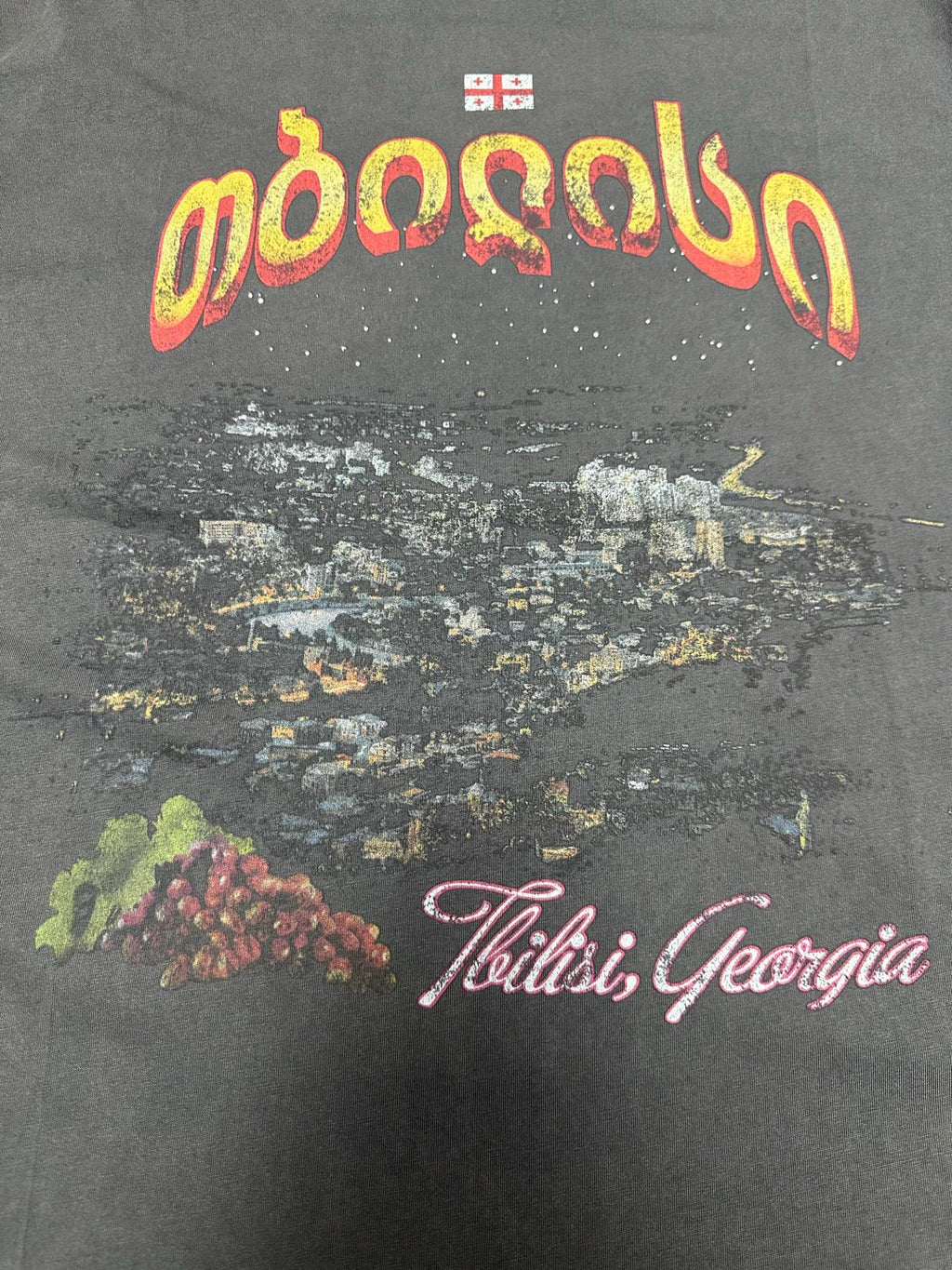 Dark charcoal graphic T-shirt close-up of logo and 'Tbilisi, Georgia' text
