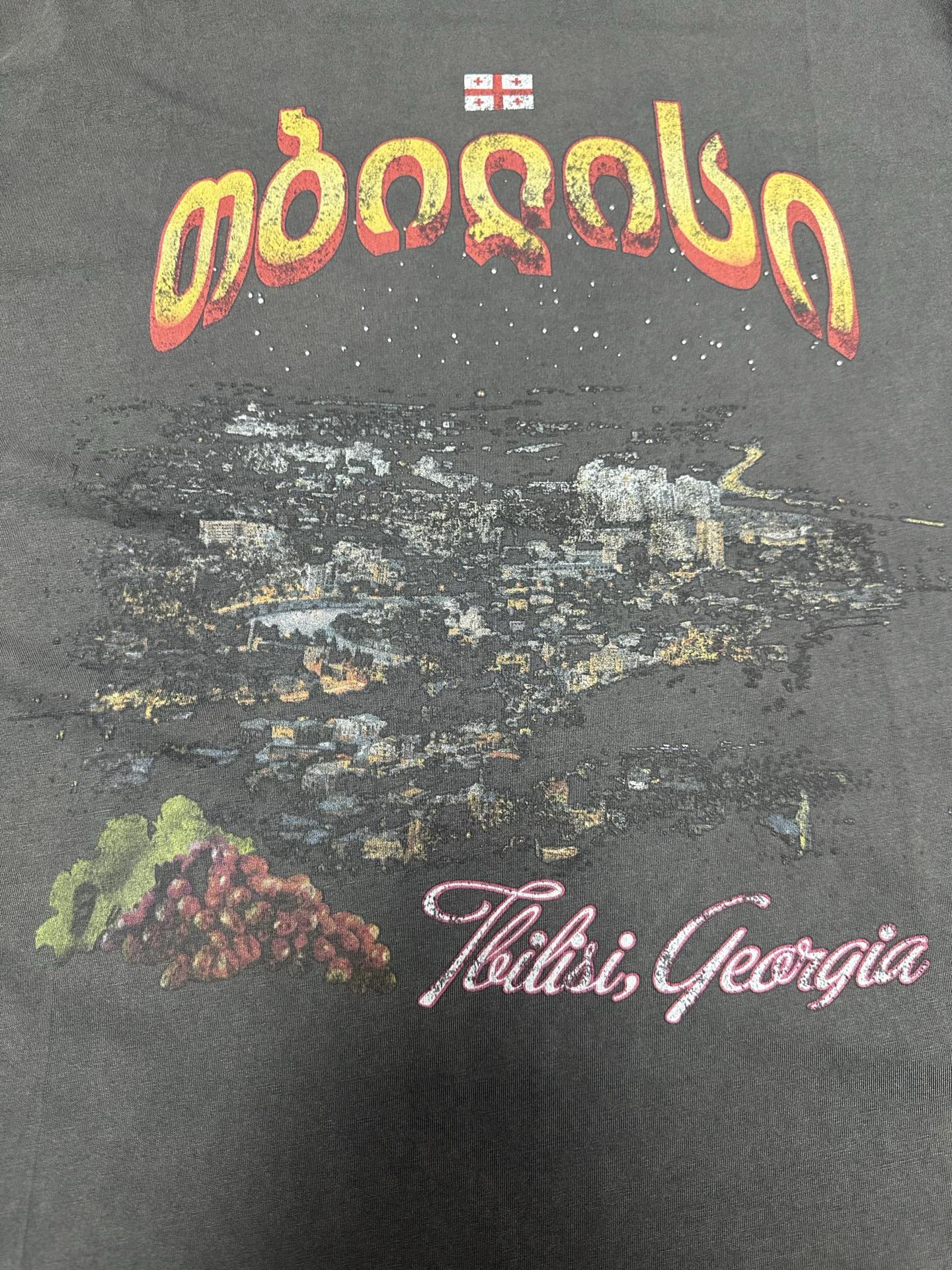 Dark charcoal graphic T-shirt close-up of logo and 'Tbilisi, Georgia' text