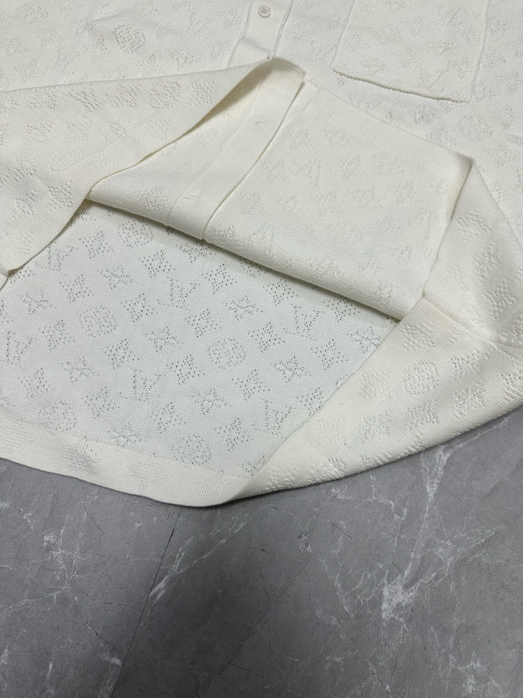 Louis Vuitton short-sleeve button-up shirt, white, folded front with pocket panel