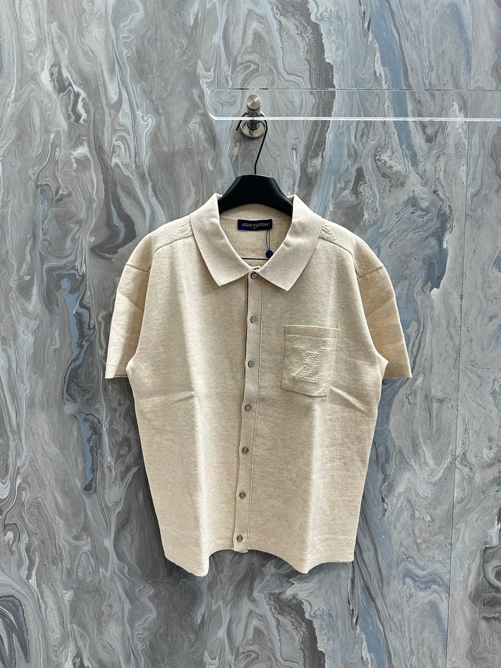 Louis Vuitton short-sleeve polo shirt, light beige knit, button front and chest pocket