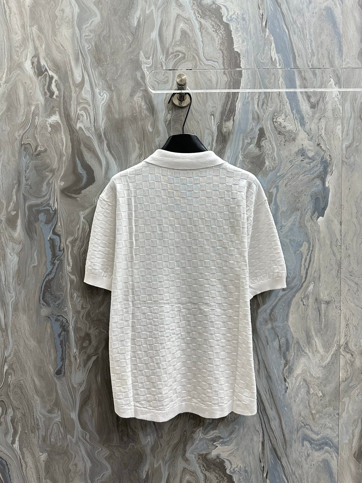 Louis Vuitton white polo shirt back view with textured check pattern and short sleeves