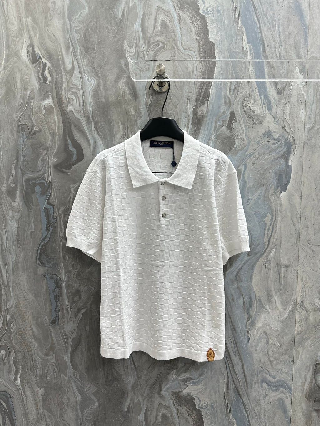 Louis Vuitton white short-sleeve polo shirt with button placket and textured check knit