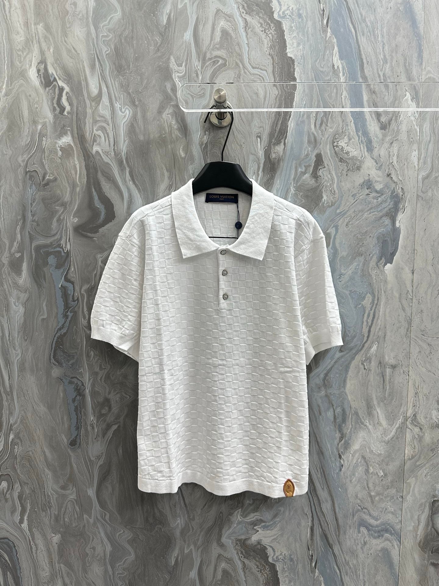 Louis Vuitton white short-sleeve polo shirt with button placket and textured check knit