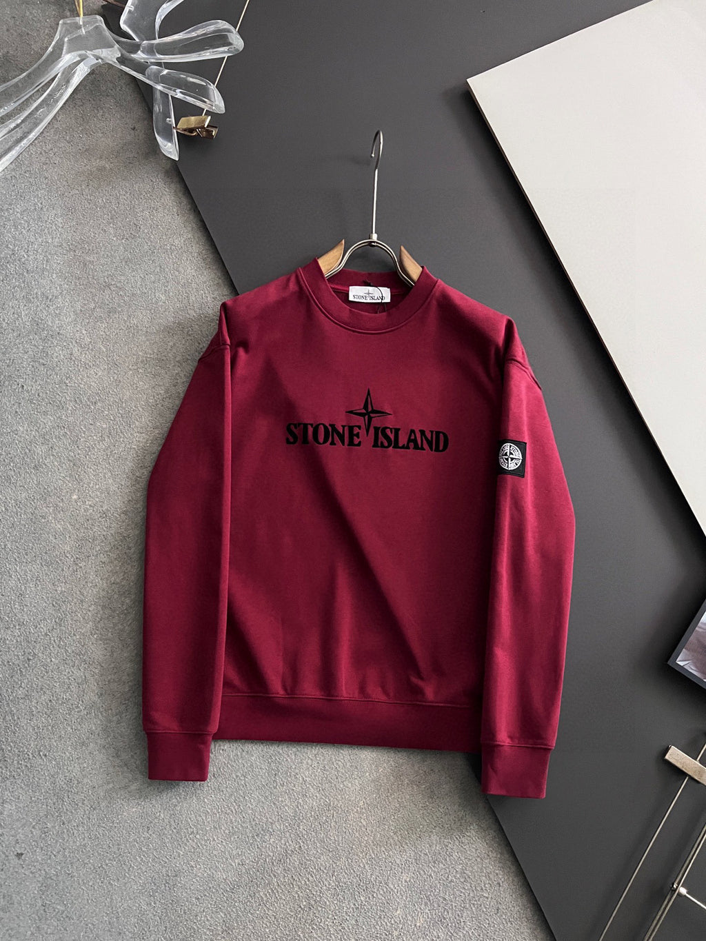 Stone Island crewneck sweatshirt, maroon, front logo print and small sleeve patch