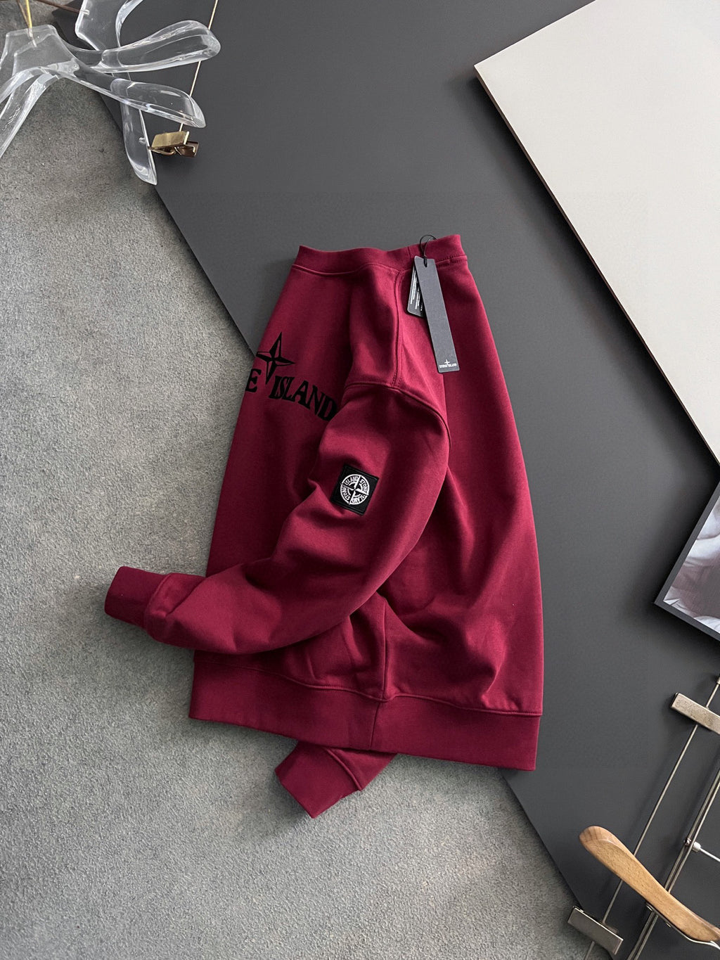 Stone Island maroon tracksuit pants with side logo emblem and waistband tag