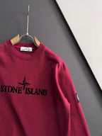 Stone Island crewneck sweatshirt, maroon, partial front logo and sleeve patch