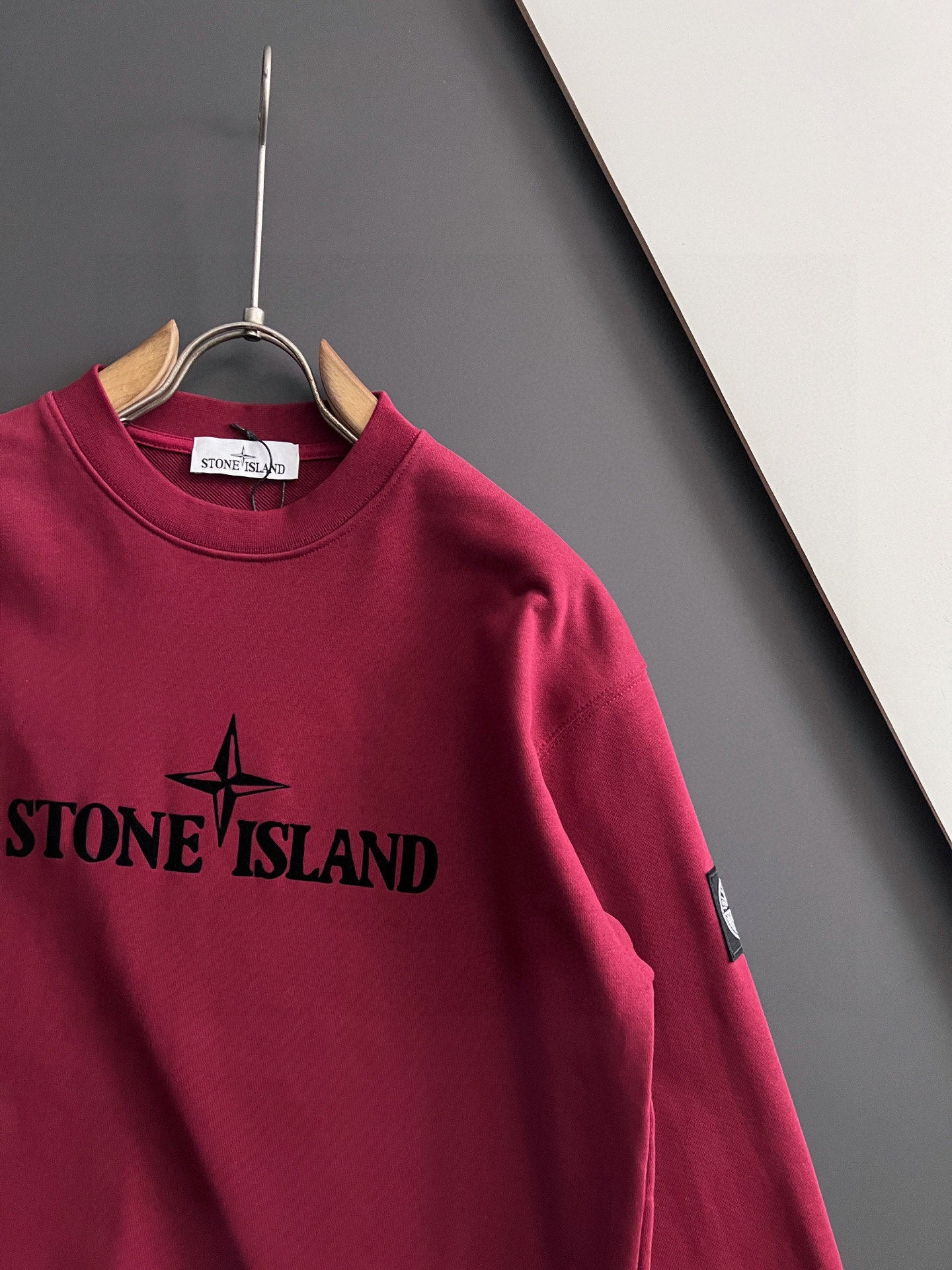 Stone Island crewneck sweatshirt, maroon, partial front logo and sleeve patch