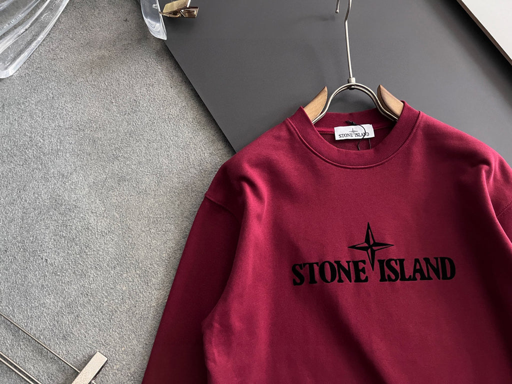 Stone Island crewneck sweatshirt, maroon, front graphic logo on chest