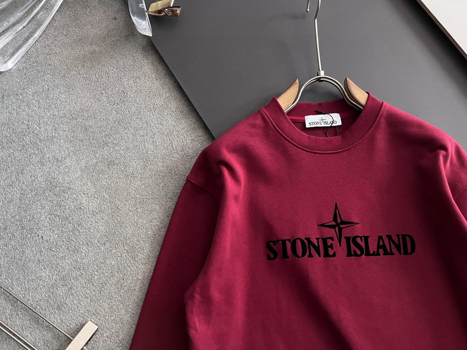 Stone Island crewneck sweatshirt, maroon, front graphic logo on chest