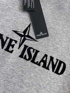 Grey sweatshirt fabric with black star and lettering logo print