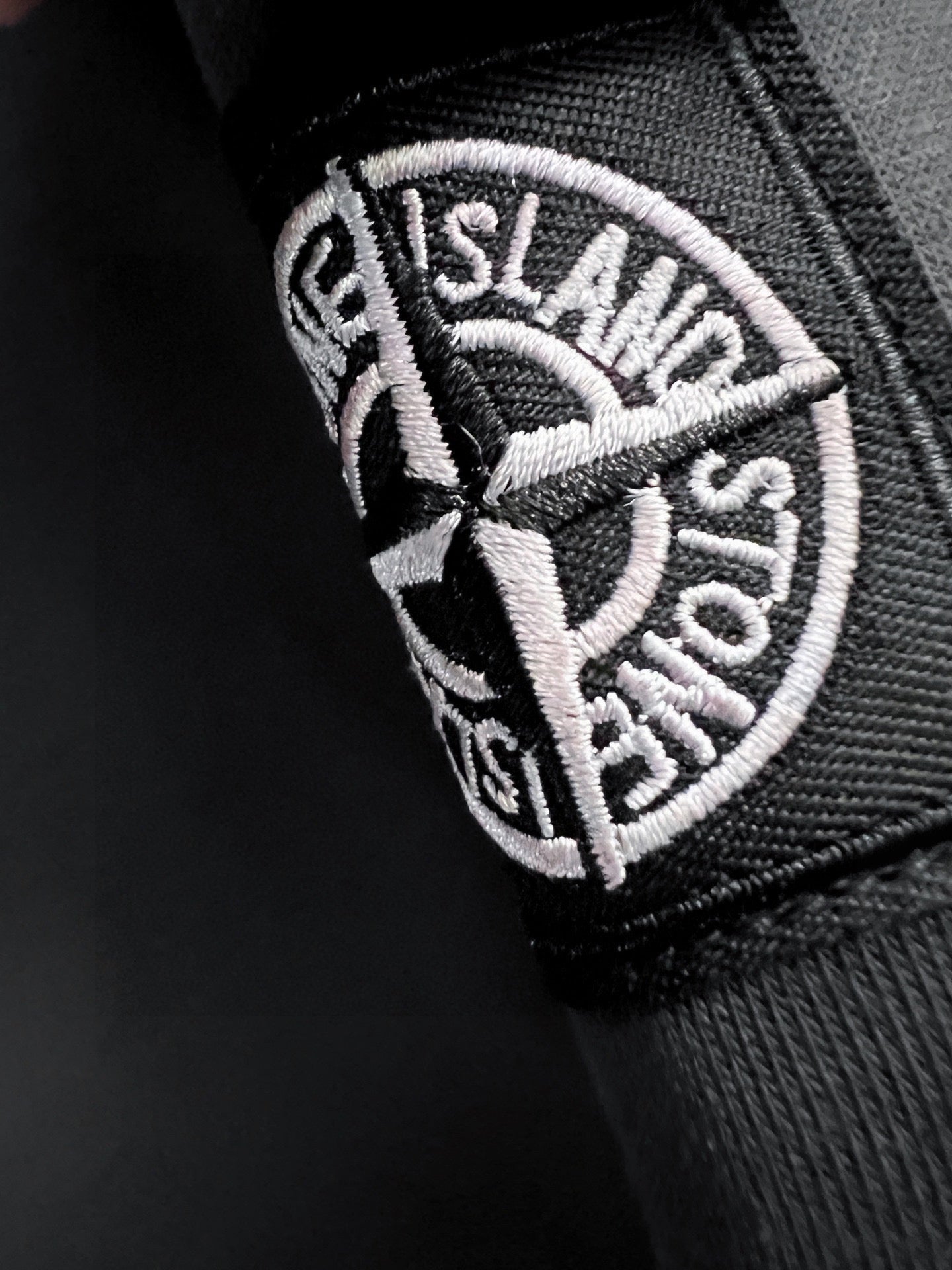 Stone Island sweatshirt embroidered crest patch on sleeve, black and white