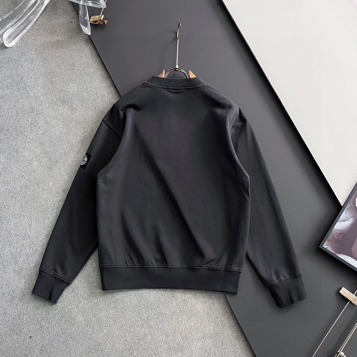 Stone Island sweatshirt back view, black crewneck with plain back