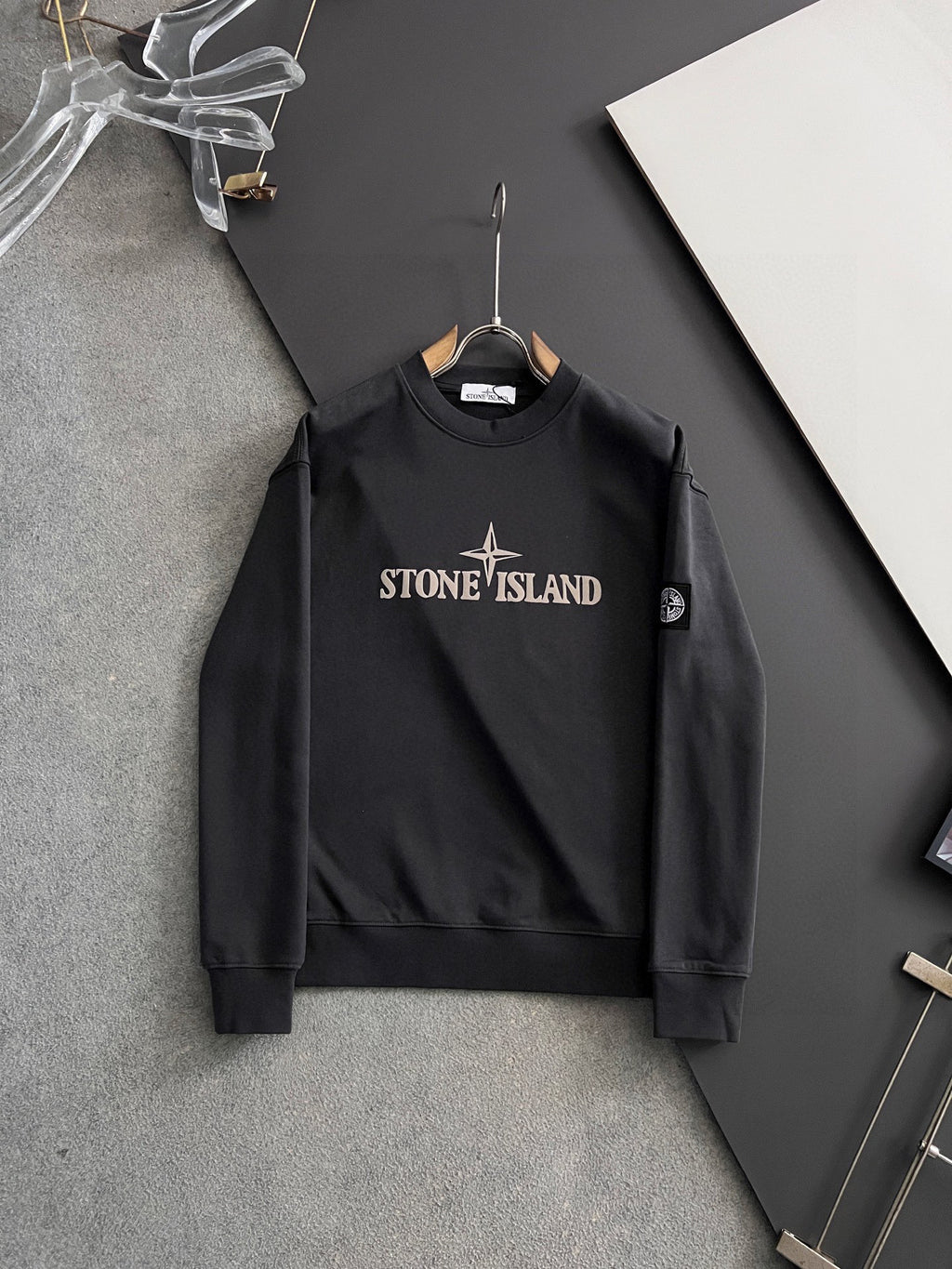 Stone Island sweatshirt, black crewneck with front STAR logo print