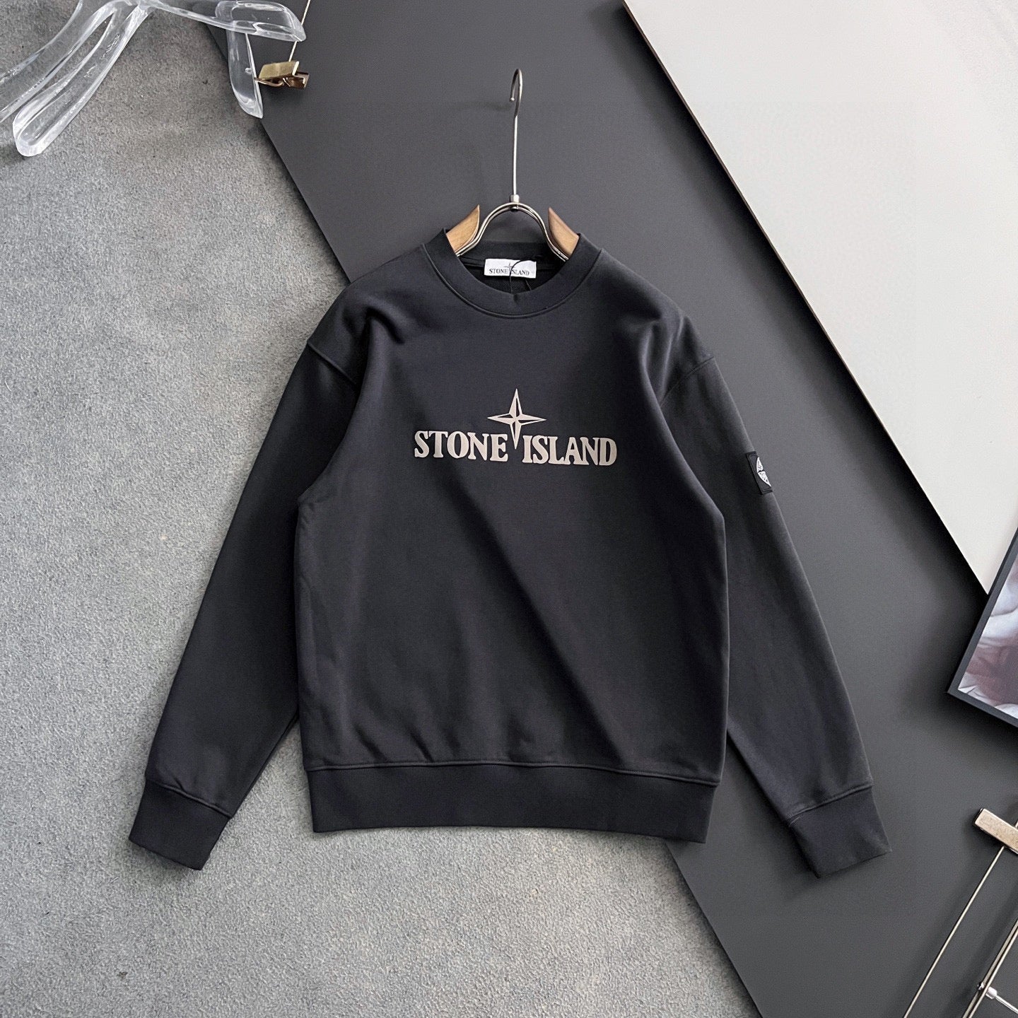Stone Island sweatshirt, black crewneck with centered front logo print