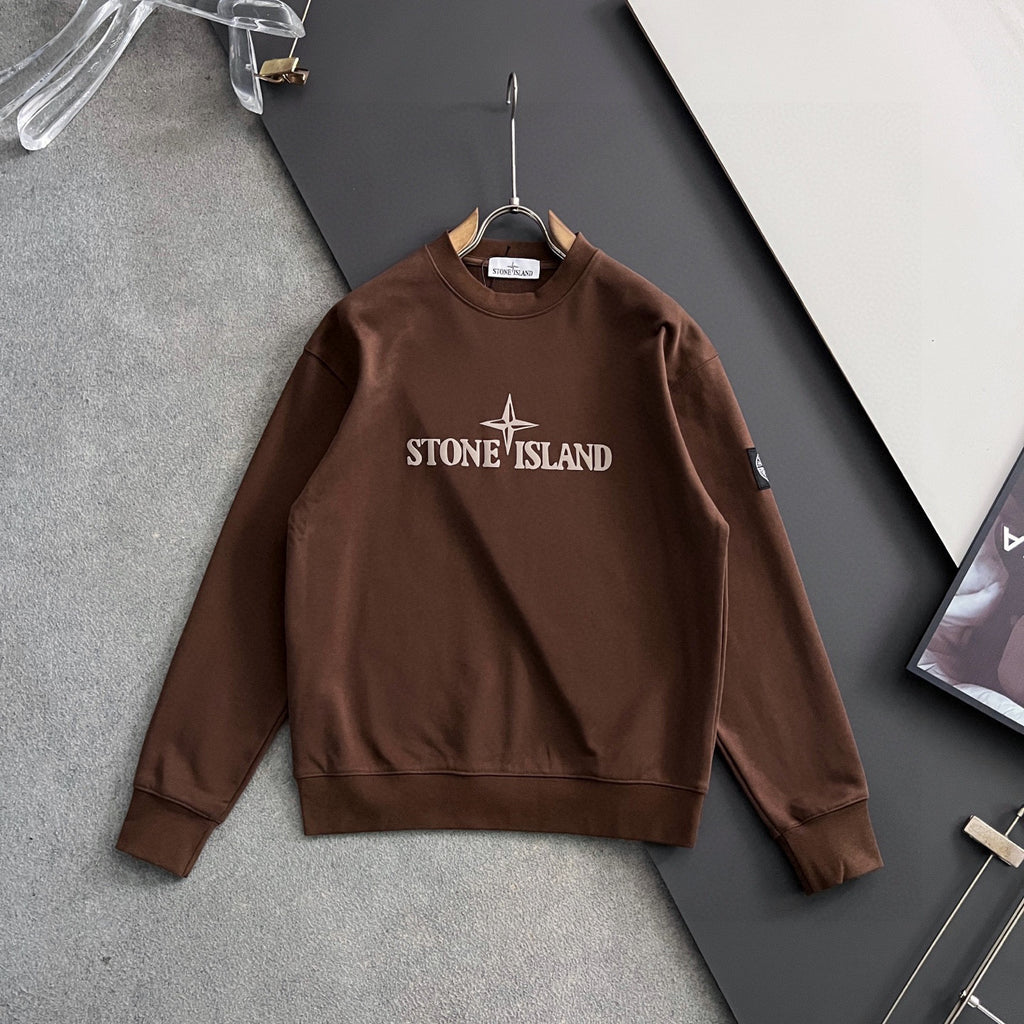 Brown crewneck sweatshirt on hanger with Stone Island chest logo