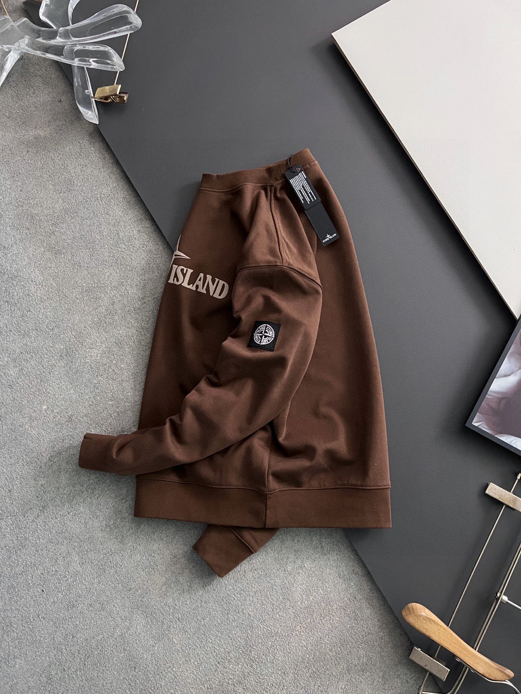 Brown Stone Island logo shorts with side patch detail