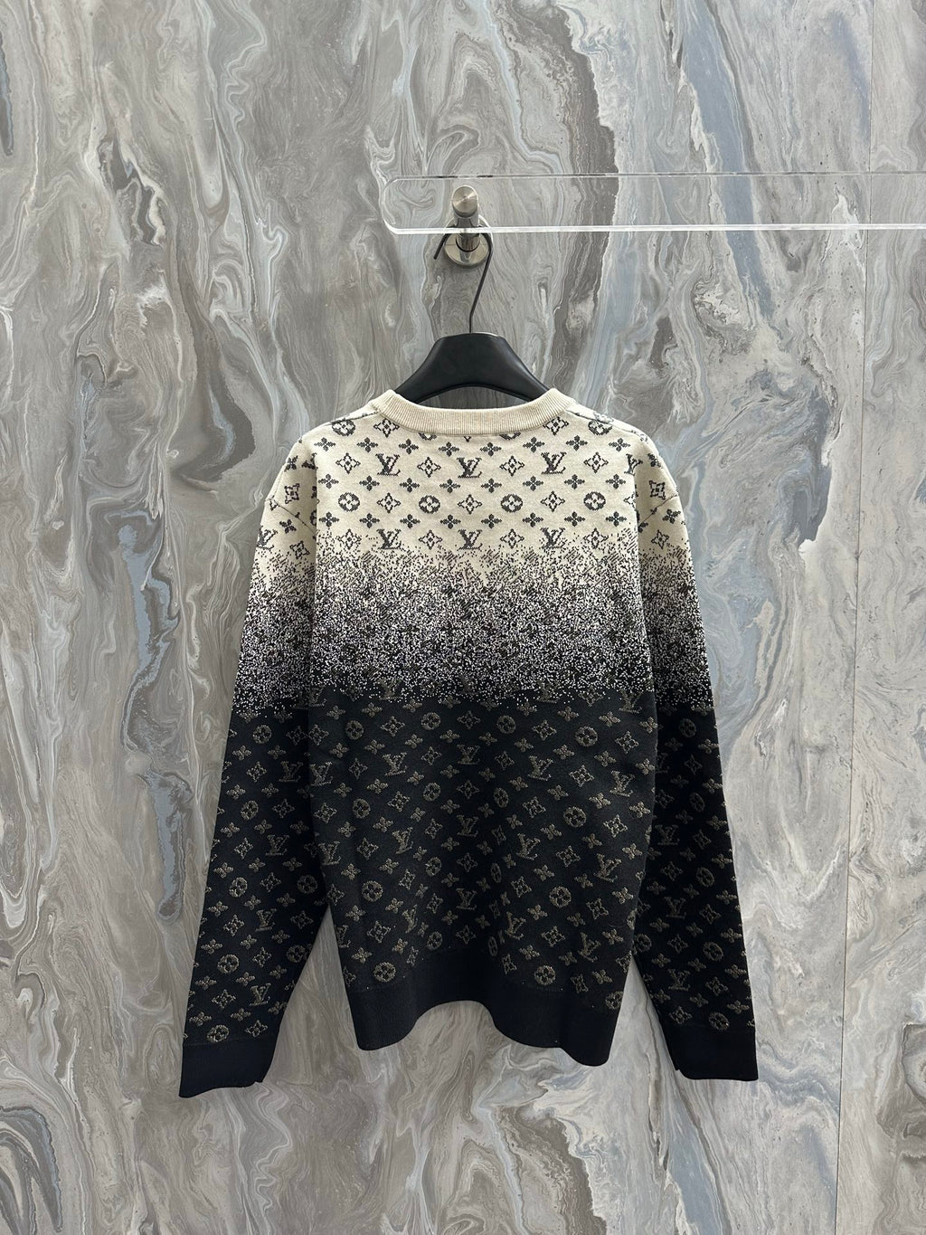 Crewneck sweater with LV-style monogram print and speckled ombre, dark navy