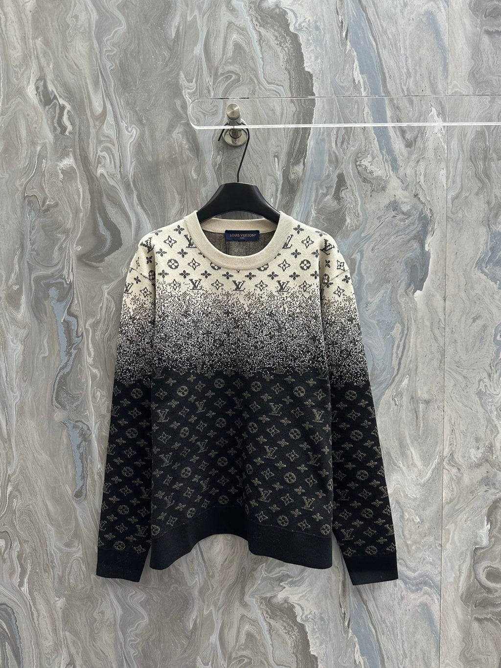 Monogram crewneck sweater with black base and light speckle ombre
